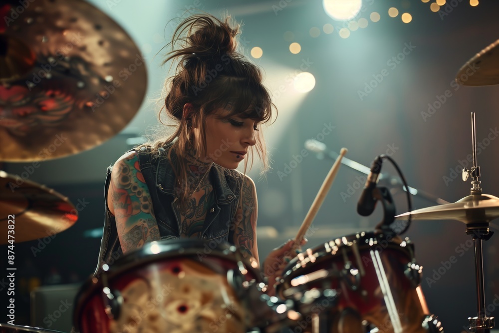 Naklejka premium Professional drum set closeup. Beautiful young tattooed woman drummer with drumsticks playing drums and cymbals, on the live music rock concert or in recording studio. Female drummer.
