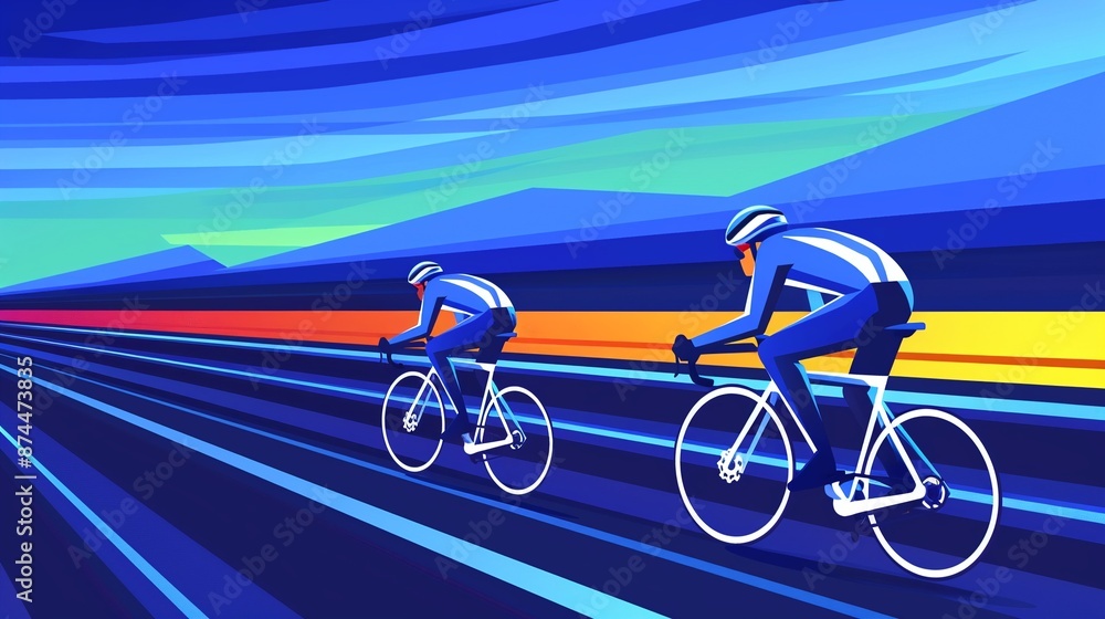 Fototapeta premium Cycling race track in stadium, competitors racing, flat design illustration