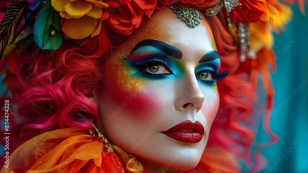 Fototapeta premium Colorful artistic makeup on pensive drag queen with floral headdress against teal background. Generative AI