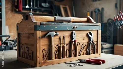 a sturdy wooden toolbox with a rustic design and a distressedf finish, adorned with intricate carvings of tools and a set of metal tools like a hammer, screwdriver, and pliers, situated in a cluttered
