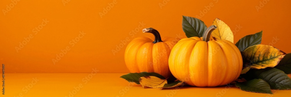 Vibrant Autumn Pumpkins with Fallen Leaves on Orange Background, banner, copy space Vibrant Autumn Pumpkins with Fallen Leaves on Orange Background, banner, copy space