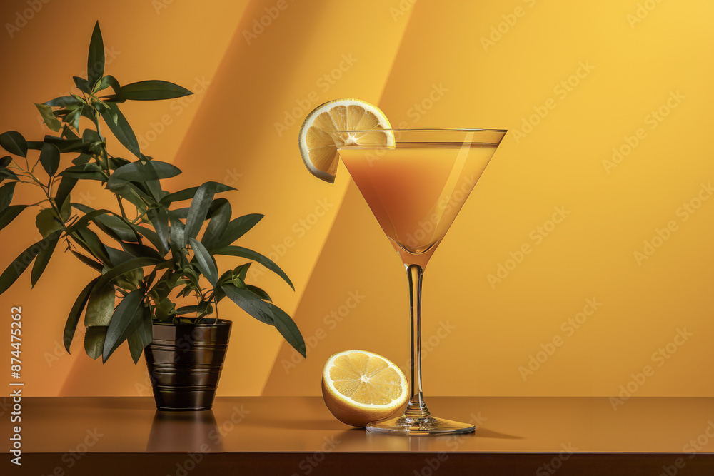 Fototapeta premium Lemon Cocktail with Ice and Floral Garnish