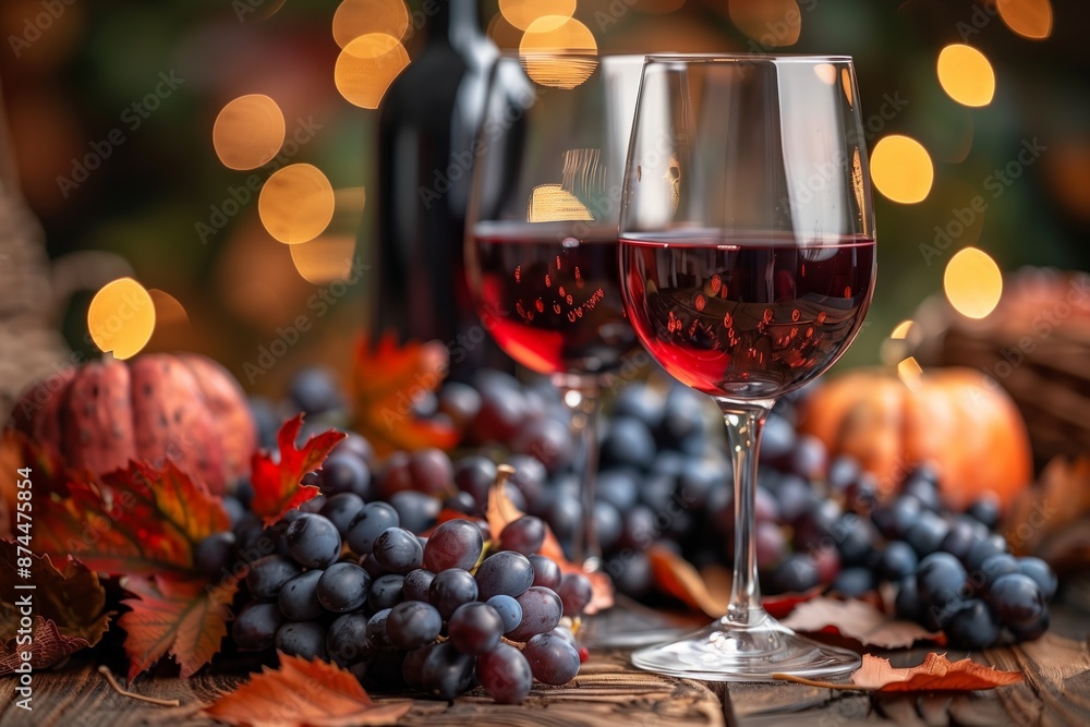 Two Glasses of Red Wine With Grapes and Pumpkins on a Wooden Table Two Glasses of Red Wine With Grapes and Pumpkins on a Wooden Table