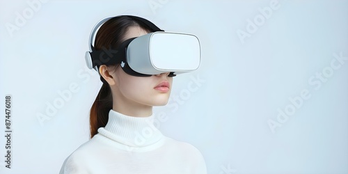 Woman wears AR glasses with VR technology for immersive experience. Concept Augmented Reality Glasses, Virtual Reality Technology, Immersive Experience, Wearable Tech photo