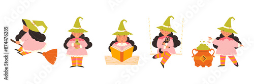 childrens magic elements. Cute witches set of illustrations