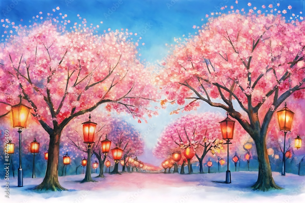 Vibrant cherry blossom trees bloom against a bright blue sky, casting a warm glow over a tranquil outdoor festival setting with traditional lanterns and food stalls. Vibrant cherry blossom trees bloom against a bright blue sky, casting a warm glow over a tranquil outdoor festival setting with traditional lanterns and food stalls.