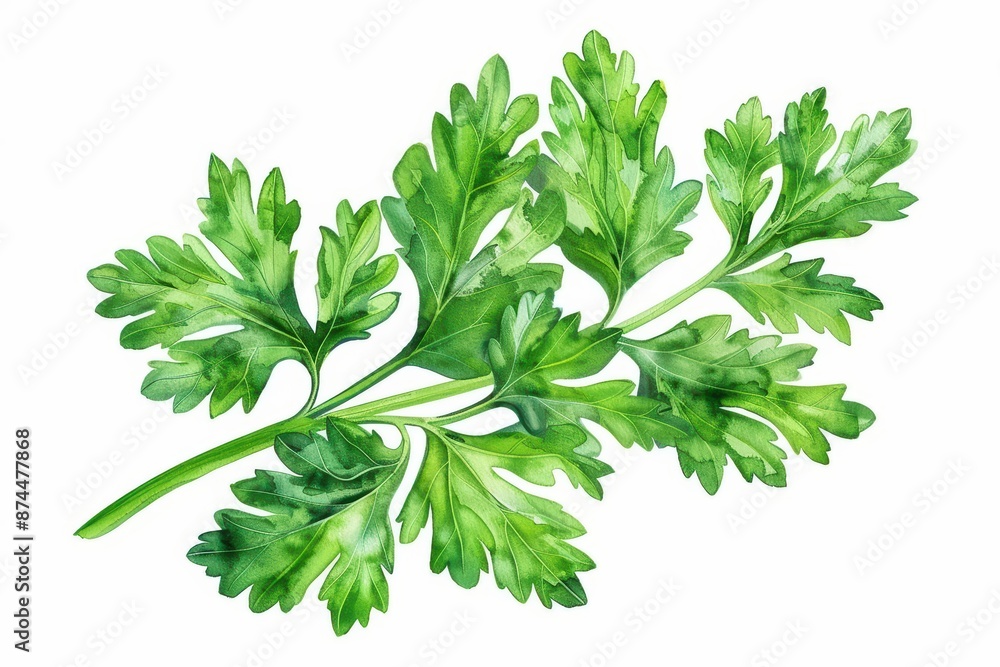 A bright watercolor depiction of parsley, with its curly leaves vividly detailed, isolate on white background with copy space A bright watercolor depiction of parsley, with its curly leaves vividly detailed, isolate on white background with copy space