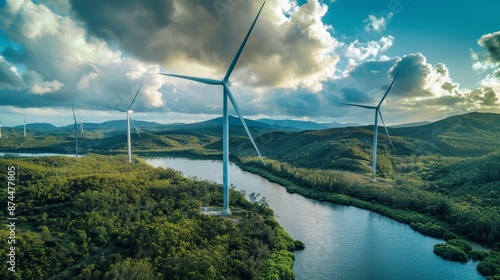 Majestic wind turbines on a serene river, surrounded by lush greenery and rolling hills, blue sky with fluffy clouds, sustainable energy concept