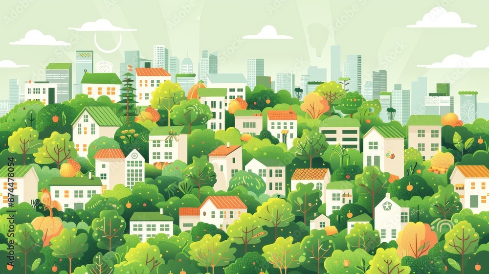 Metropolis with green rooftops, harvest time, flat design illustration, focus cover all object, deep dept of field Metropolis with green rooftops, harvest time, flat design illustration, focus cover all object, deep dept of field