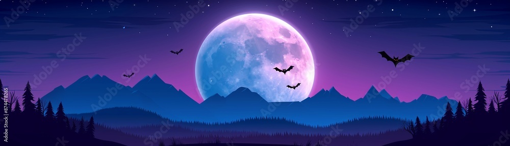 Naklejka premium Halloween moon, bats flying across, dark sky, flat design illustration