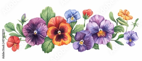 Wallpaper Mural A charming watercolor illustration of pansies, with their cheerful faces and bright colors, isolate on white background with copy space Torontodigital.ca