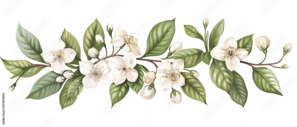 Obraz premium A delicate watercolor illustration of jasmine, highlighting its tiny white blossoms and sweet fragrance, isolate on white background with copy space