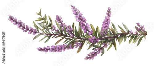 Fototapeta Naklejka Na Ścianę i Meble -  A detailed watercolor rendering of heather, showcasing its tiny purple blossoms in dense clusters, isolate on white background with copy space