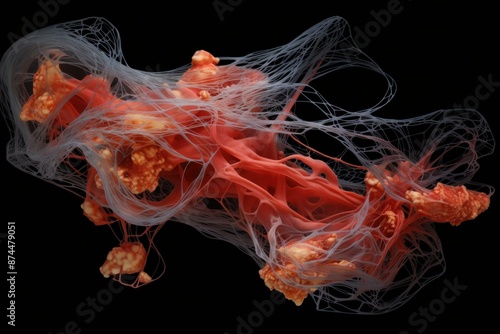 Fototapeta Naklejka Na Ścianę i Meble -  Dynamic 3d rendering of abstract organic network connections intertwined in a complex and intricate biological meshwork design