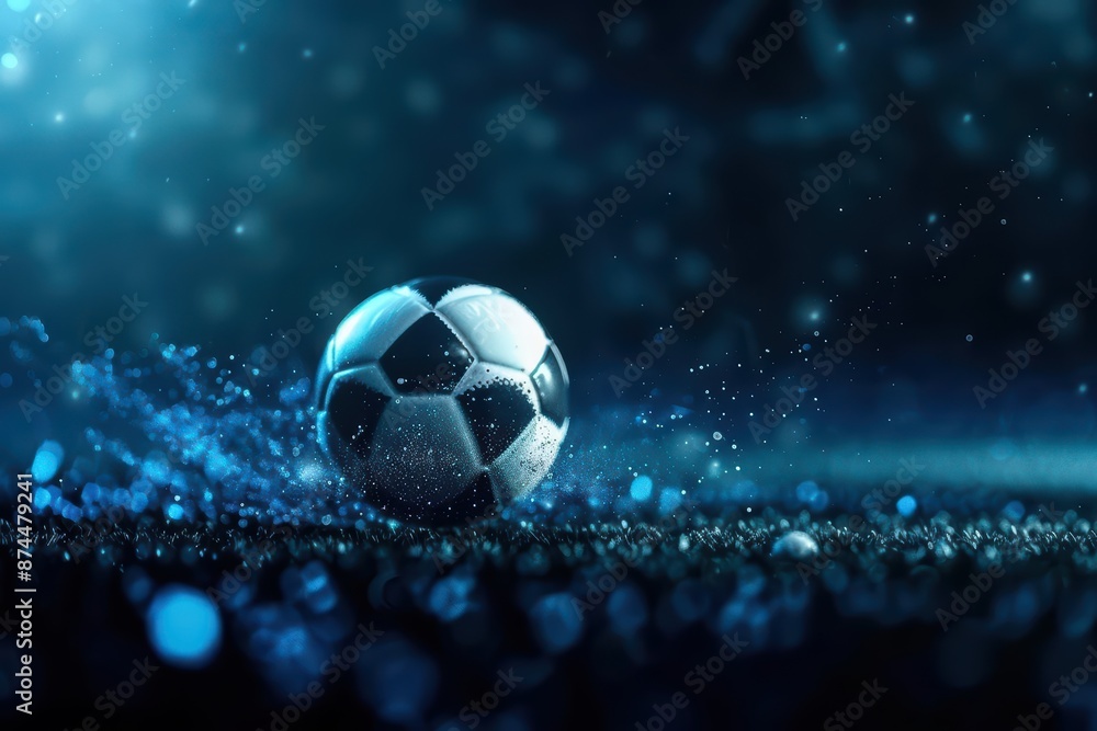 Fototapeta premium A fantastical football game under a shimmering aurora, where the ball leaves a trail of stardust and the players have wings, with copy space