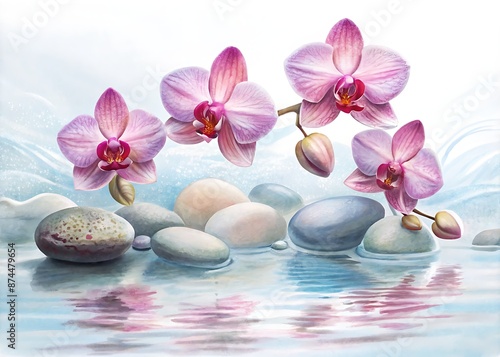 Delicate pink orchids and smooth spa stones float harmoniously on the surface of calm, crystal-clear water, evoking serenity and tranquility in this peaceful, natural scene.