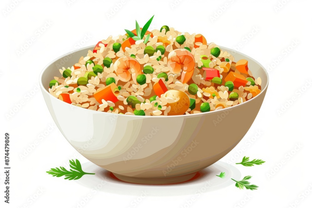 A flavorful bowl of fried rice, loaded with succulent shrimp, mixed vegetables, and fluffy grains. Perfect for a satisfying meal. A flavorful bowl of fried rice, loaded with succulent shrimp, mixed vegetables, and fluffy grains. Perfect for a satisfying meal.