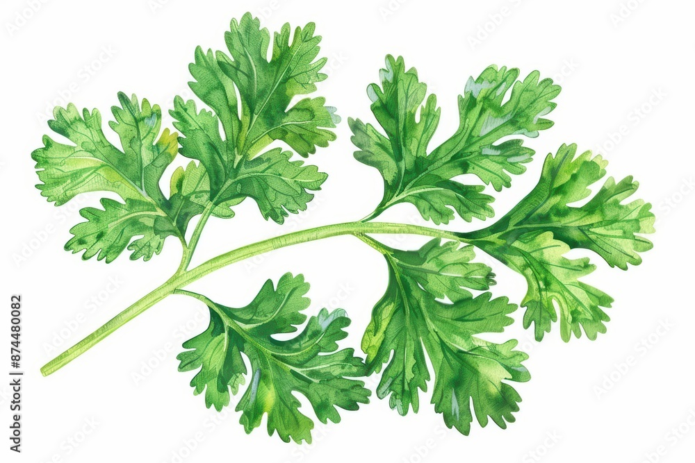 A lively watercolor illustration of cilantro, with its feathery leaves and fresh green color, isolate on white background with copy space A lively watercolor illustration of cilantro, with its feathery leaves and fresh green color, isolate on white background with copy space