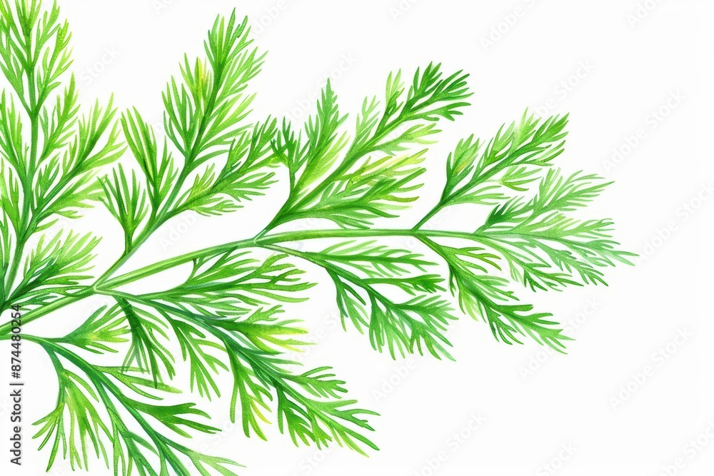 A lively watercolor rendering of dill, with its feathery fronds and fresh green tones, isolate on white background with copy space A lively watercolor rendering of dill, with its feathery fronds and fresh green tones, isolate on white background with copy space