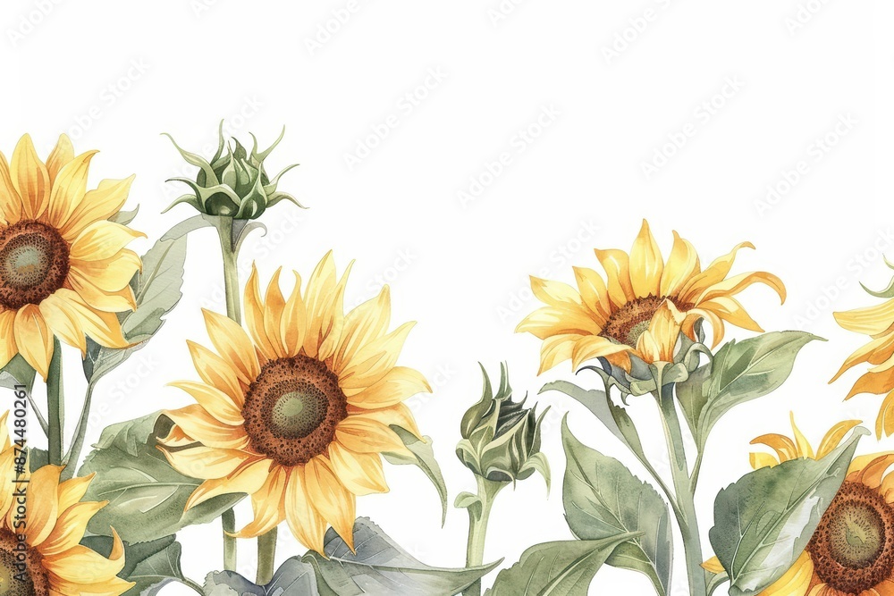 Naklejka premium A lively watercolor painting of sunflowers, their golden heads turned towards the sun, isolate on white background with copy space