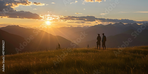 Pôr do sol sobre as montanhas com viajantes em silhueta photo