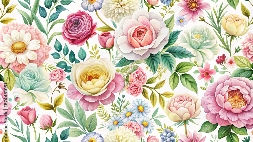 Vibrant spring and summer floral set featuring a seamless pattern of assorted flowers and plants such as roses, peonies, daisies, and greenery in soft pastel hues. Vibrant spring and summer floral set featuring a seamless pattern of assorted flowers and plants such as roses, peonies, daisies, and greenery in soft pastel hues.