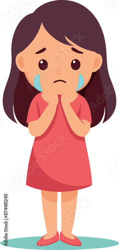 Sad Crying Girl Cartoon Character in Red Dress