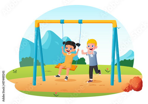 Happy Cartoon Kids Playing on a Swing, Girl and Boy Playing together in a Playground Vector Art