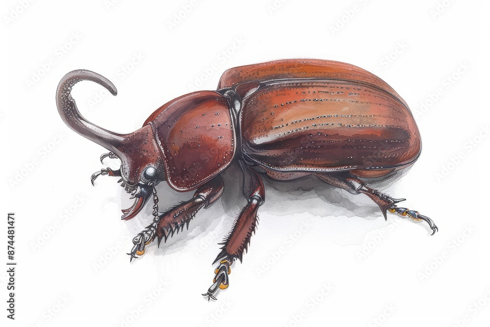A rhinoceros beetle depicted in deep, rich watercolor hues, highlighting its distinctive horn, isolate on white background with copy space A rhinoceros beetle depicted in deep, rich watercolor hues, highlighting its distinctive horn, isolate on white background with copy space