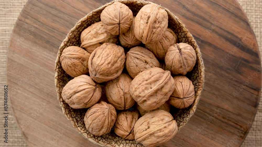 Close-up view of a wicker bowl filled with shelled walnuts rotates on a wooden surface Close-up view of a wicker bowl filled with shelled walnuts rotates on a wooden surface