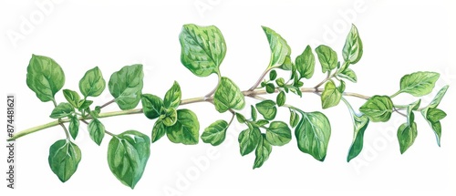 A rich watercolor rendering of oregano, with its small leaves and woody stems, isolate on white background with copy space