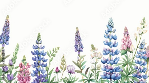 A soft watercolor depiction of lupines, with their tall spires of colorful flowers, isolate on white background with copy space