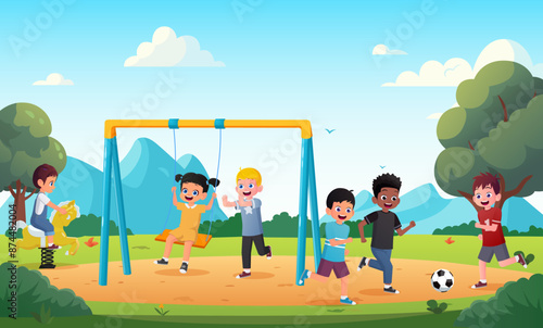 Cartoon Children Playing Outdoor in playground, Kids Playing Football, Swing, and riding Horse in Park Vector Illustration