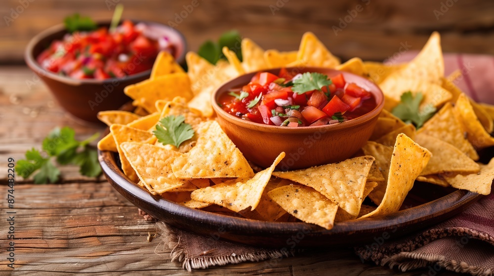 Corn tortilla chips in a large bowl with tomato paste Generative AI Corn tortilla chips in a large bowl with tomato paste Generative AI