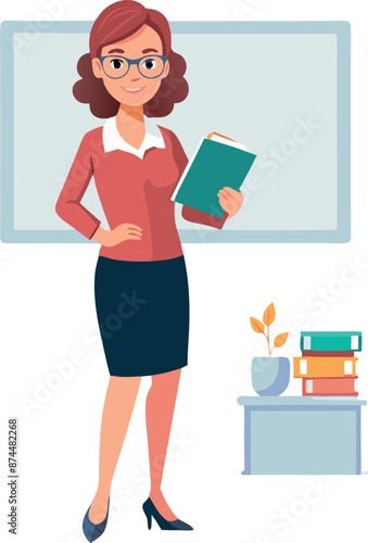 Female Teacher Holding Book in Classroom Setting