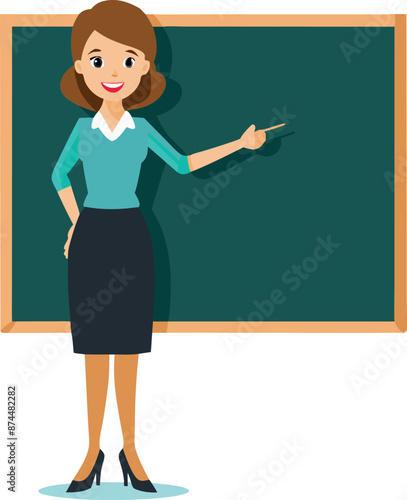 Illustration of Female Teacher by Chalkboard in Classroom Setting