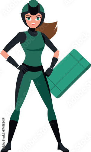 Confident Female Superhero Cartoon Character in Green Costume