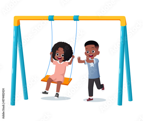 Cute Little Black Girl and Boy Having Fun Playing on a Swing Vector Illustration