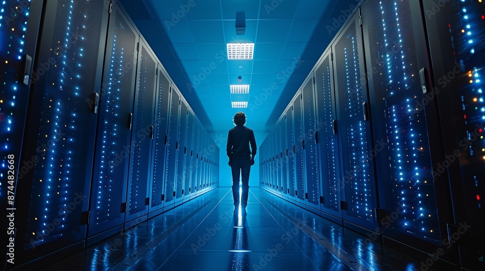 A Single Figure Walking Through A Server Room At Night A Single Figure Walking Through A Server Room At Night