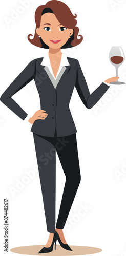 Cartoon Businesswoman Holding Wine Glass and Smiling