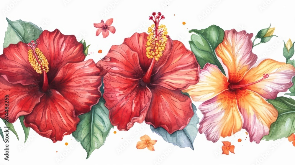 Obraz premium A vibrant watercolor painting of hibiscus flowers, capturing their tropical allure in vivid hues, isolate on white background with copy space