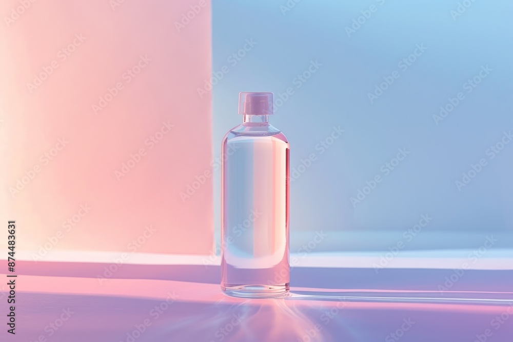 transparent minimalist clear bottle against a backdrop of iridescent soft pastel hues, simplicity and effectiveness of the product's formulation, cosmetics or water mockup transparent minimalist clear bottle against a backdrop of iridescent soft pastel hues, simplicity and effectiveness of the product's formulation, cosmetics or water mockup