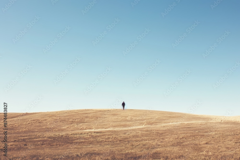 spirit of adventure with a minimalist landscape, hiker trekking alone through a vast wilderness, the expansive landscape and open sky conveying a sense of travel, freedom and exploration spirit of adventure with a minimalist landscape, hiker trekking alone through a vast wilderness, the expansive landscape and open sky conveying a sense of travel, freedom and exploration