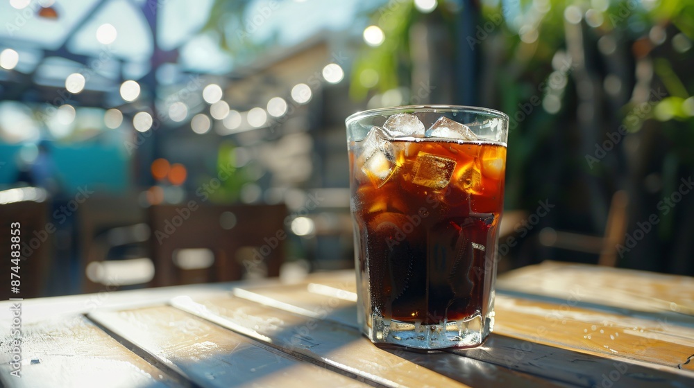 A cup of cold brew coffee in a clear glass, with ice cubes and a splash of milk, placed on a sunny outdoor café table A cup of cold brew coffee in a clear glass, with ice cubes and a splash of milk, placed on a sunny outdoor café table