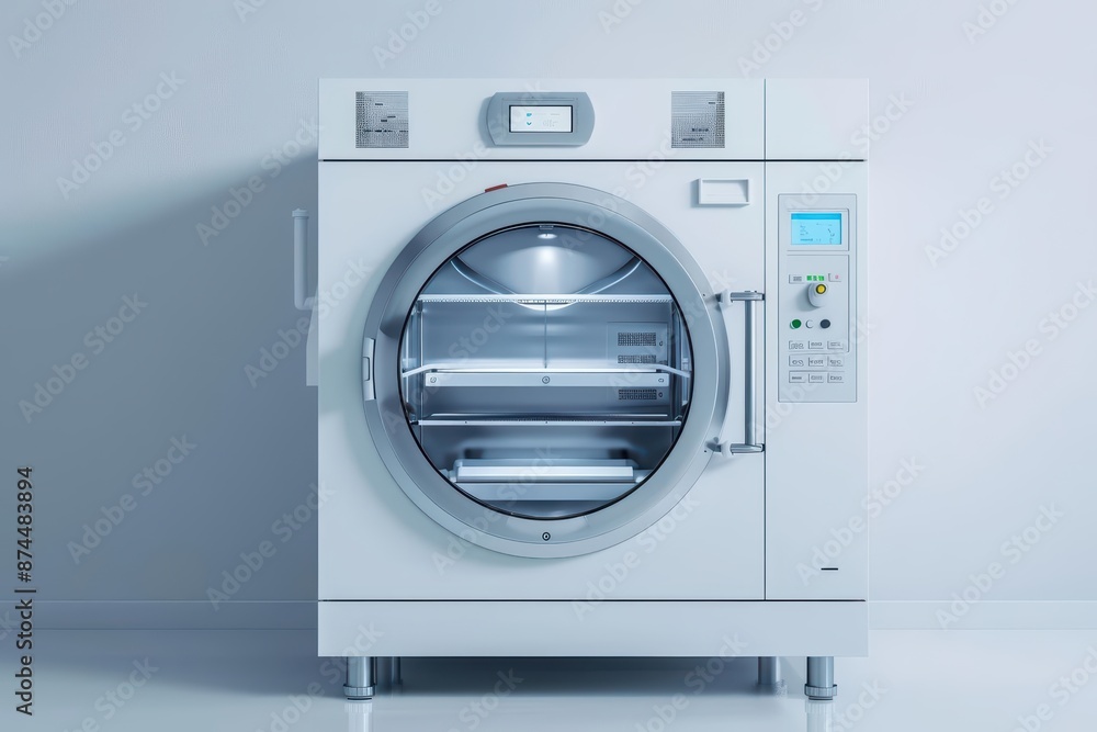 An autoclave with a sleek digital interface, sterilizing laboratory equipment with advanced safety and efficiency, with copy space An autoclave with a sleek digital interface, sterilizing laboratory equipment with advanced safety and efficiency, with copy space