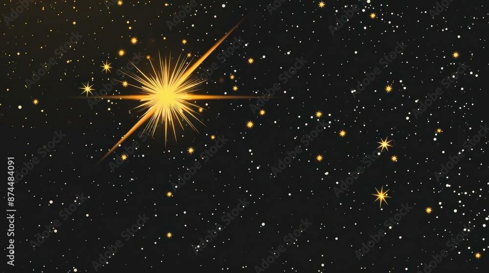 Bright Yellow Starburst in Night Sky with Sparkling Stars for Holiday and Celebration Themes Bright Yellow Starburst in Night Sky with Sparkling Stars for Holiday and Celebration Themes