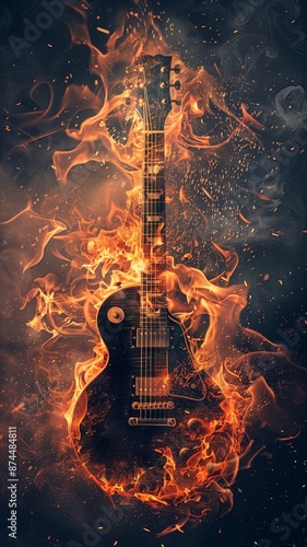 Rock guitar fire burning engulfed in flames, creating a dramatic and intense visual. Passion, destruction, and the raw power of rock music.