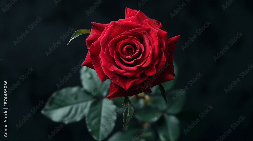 A solitary red rose, a symbol of love and beauty, isolated against a stark black backdrop A solitary red rose, a symbol of love and beauty, isolated against a stark black backdrop