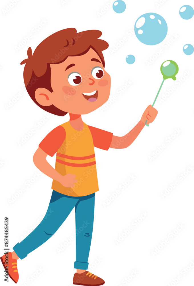Happy Boy Playing with Soap Bubbles Outdoors Happy Boy Playing with Soap Bubbles Outdoors