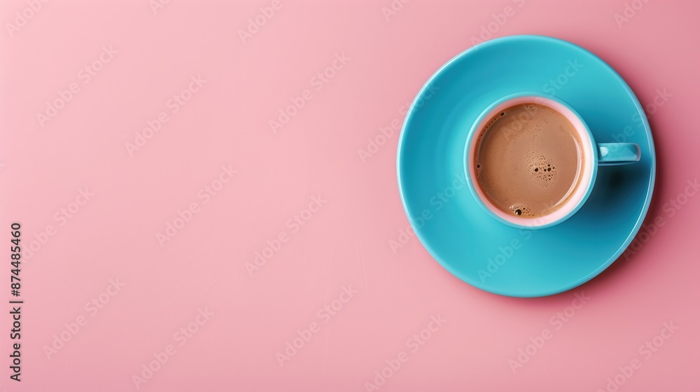 A_blue_cup_of_coffee_on_a_solid_pastel_pink_background A_blue_cup_of_coffee_on_a_solid_pastel_pink_background